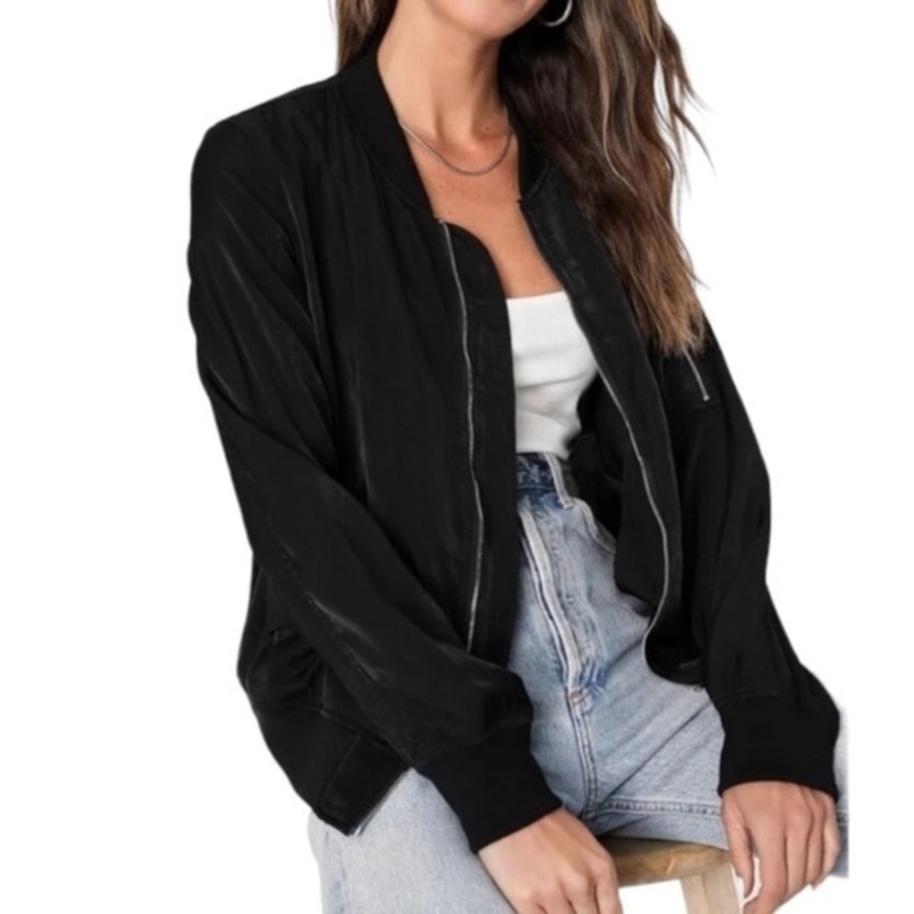Lulus Tully Black Lightweight Zip Bomber Jacket - Size XS